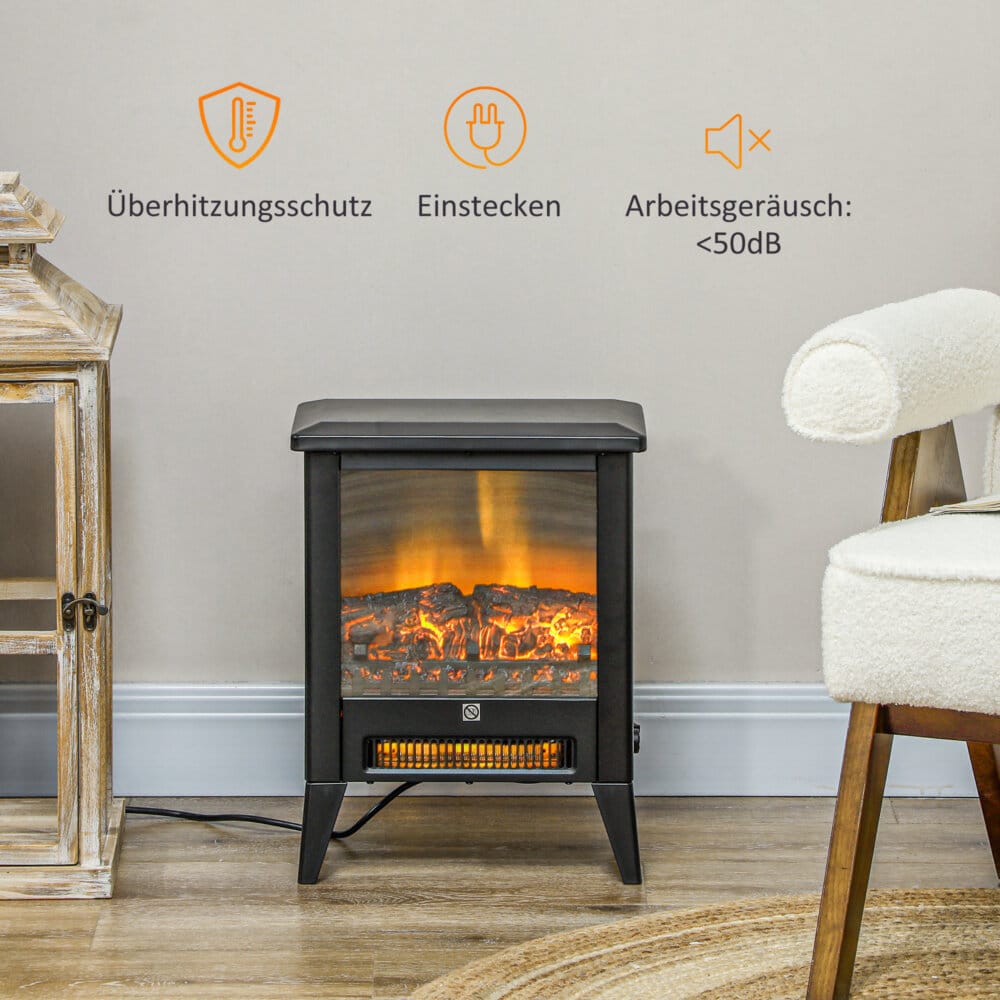 Ein schwarzer Elektrokamin und Standkamin mit 1800W Leistung, LED-Flammeneffekt und Überhitzungsschutz.