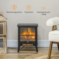 Ein schwarzer Elektrokamin und Standkamin mit 1800W Leistung, LED-Flammeneffekt und Überhitzungsschutz.