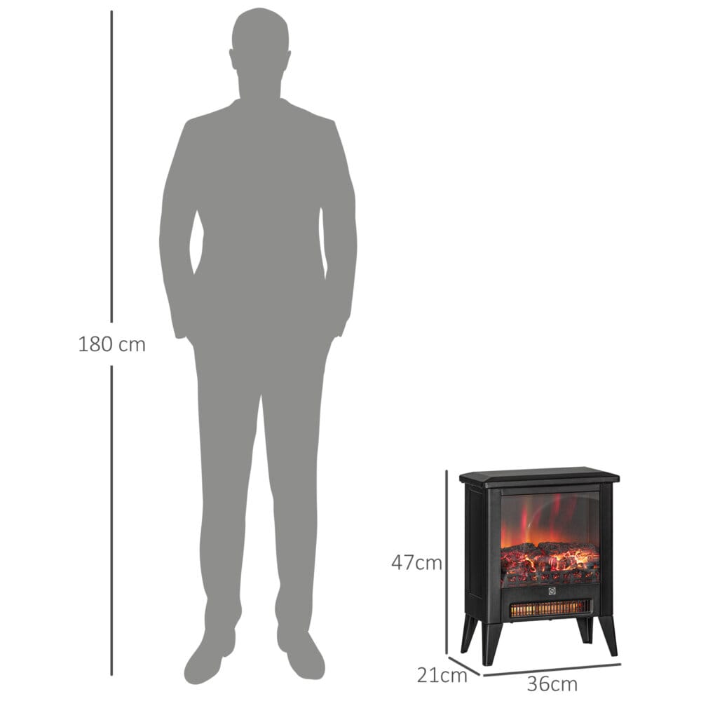 Ein schwarzer Elektrokamin und Standkamin mit 1800W Leistung, LED-Flammeneffekt und Überhitzungsschutz.
