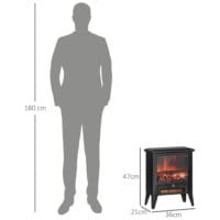 Ein schwarzer Elektrokamin und Standkamin mit 1800W Leistung, LED-Flammeneffekt und Überhitzungsschutz.