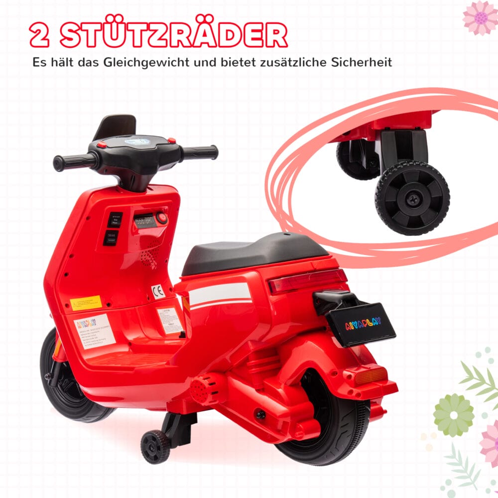 Rotes 6V Elektro-Motorrad für Kinder mit Vor- und Rückwärtsgang, geeignet für 1.5-3 Jahre. Flexibler Fahrspass für die Kleinsten.