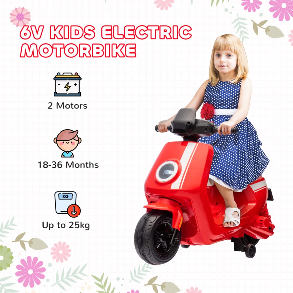 Rotes 6V Elektro-Motorrad für Kinder mit Vor- und Rückwärtsgang, geeignet für 1.5-3 Jahre. Flexibler Fahrspass für die Kleinsten.