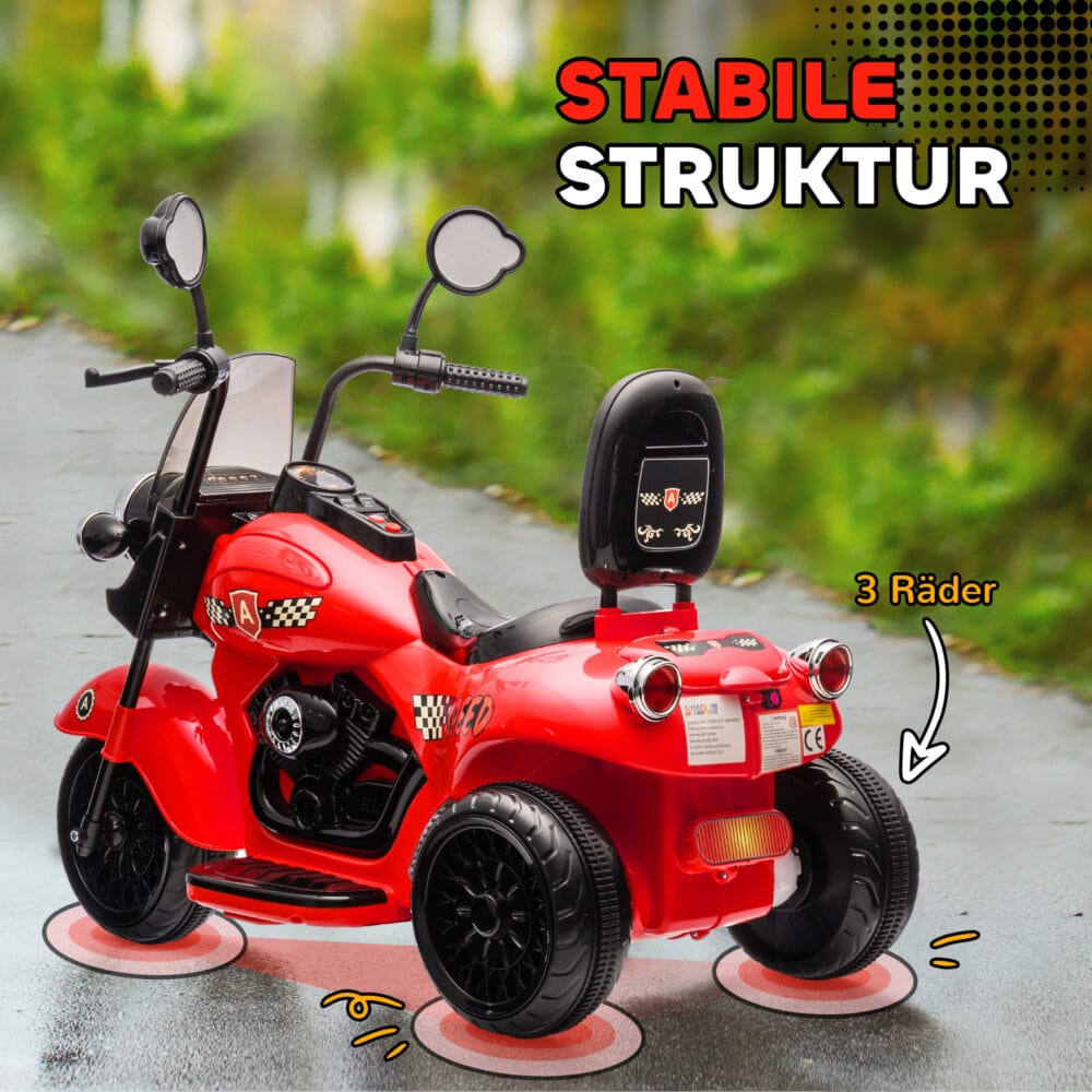 Rotes 6V Kinder-Elektro-Motorrad mit LED-Scheinwerfer, erreicht 3-5 km/h und ist für Kinder von 3-6 Jahren geeignet. Schneller Fahrspass mit Stil.