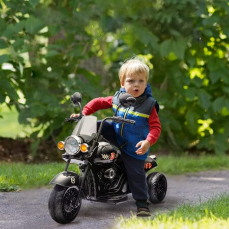 Schwarzes 6V Elektro-Motorrad für Kinder mit LED-Scheinwerfern, ideal für Kinder von 3-6 Jahren. Ein realistisches Fahrerlebnis bei Tag und Nacht.
