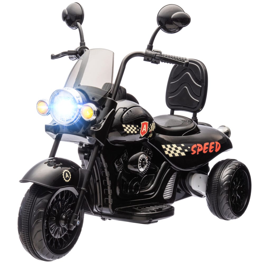 Schwarzes 6V Elektro-Motorrad für Kinder mit LED-Scheinwerfern, ideal für Kinder von 3-6 Jahren. Ein realistisches Fahrerlebnis bei Tag und Nacht.