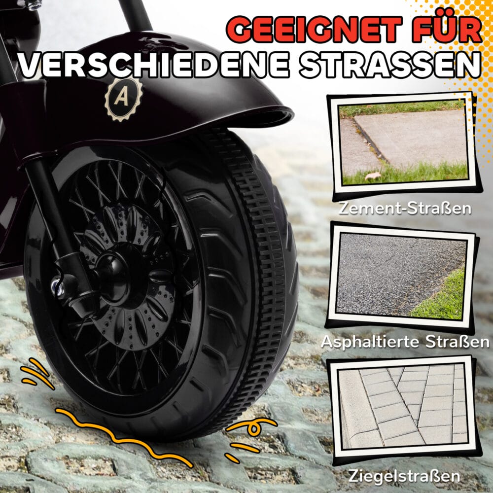 Schwarzes 6V Elektro-Motorrad für Kinder mit LED-Scheinwerfern, ideal für Kinder von 3-6 Jahren. Ein realistisches Fahrerlebnis bei Tag und Nacht.