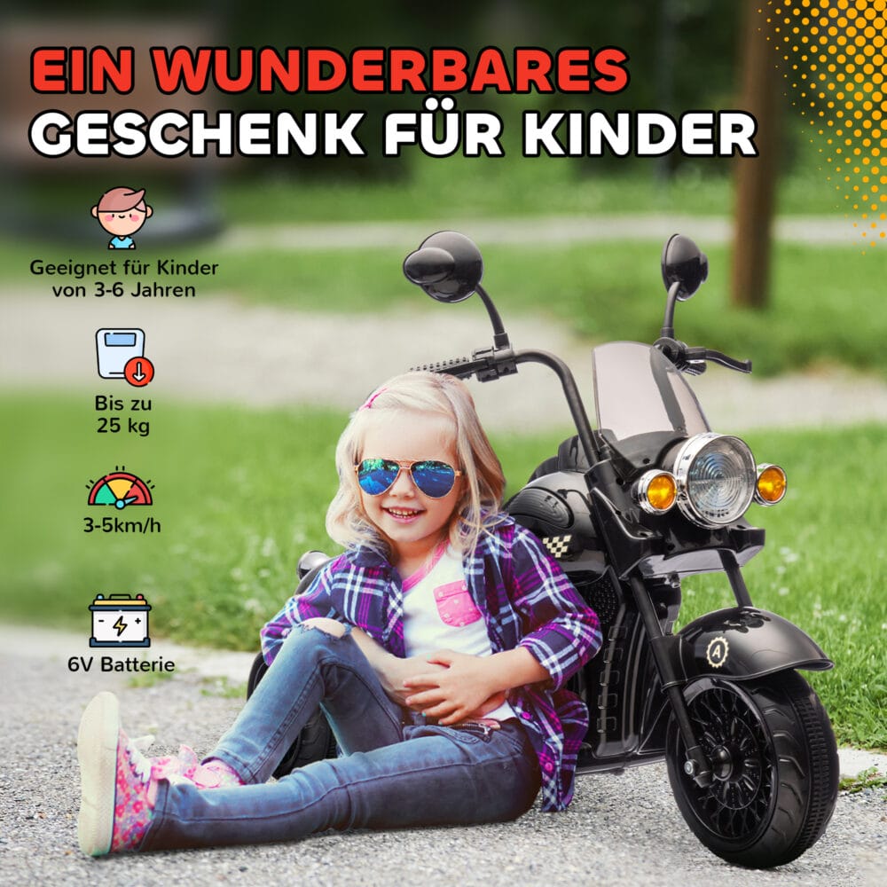 Schwarzes 6V Elektro-Motorrad für Kinder mit LED-Scheinwerfern, ideal für Kinder von 3-6 Jahren. Ein realistisches Fahrerlebnis bei Tag und Nacht.