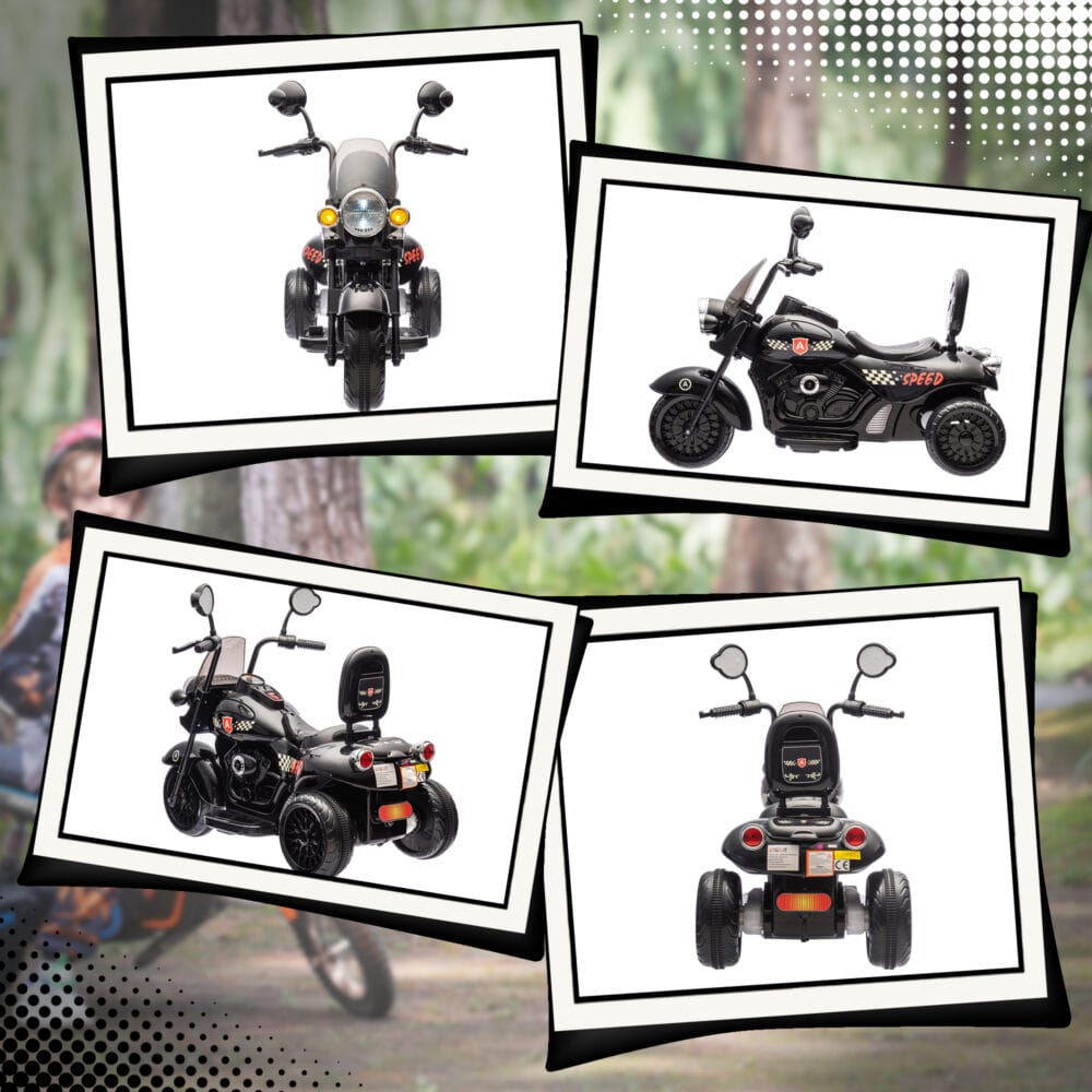 Schwarzes 6V Elektro-Motorrad für Kinder mit LED-Scheinwerfern, ideal für Kinder von 3-6 Jahren. Ein realistisches Fahrerlebnis bei Tag und Nacht.