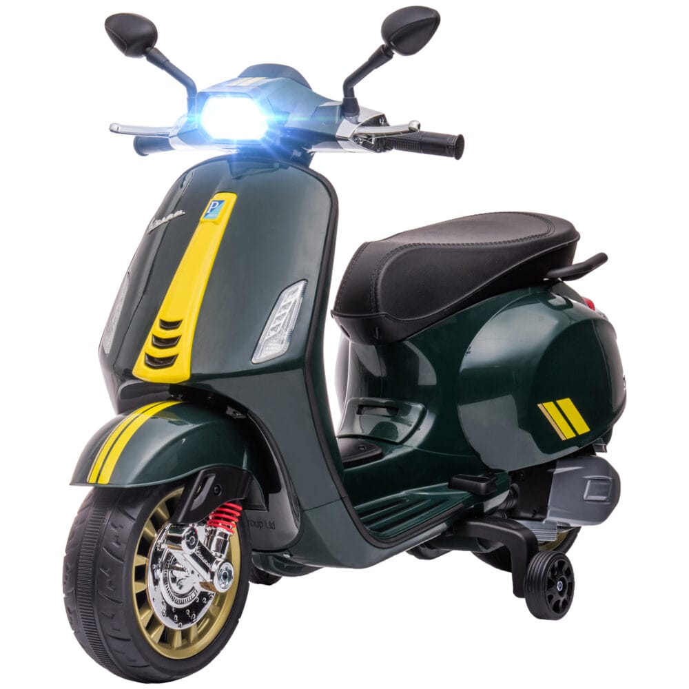 Dunkelgrünes 6V Elektro-Motorrad für Kinder mit 3 km/h Geschwindigkeit, MP3- und USB-Anschluss. Bietet Fahrspass mit musikalischer Unterhaltung.