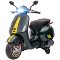 Dunkelgrünes 6V Elektro-Motorrad für Kinder mit 3 km/h Geschwindigkeit, MP3- und USB-Anschluss. Bietet Fahrspass mit musikalischer Unterhaltung.