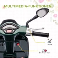 Dunkelgrünes 6V Elektro-Motorrad für Kinder mit 3 km/h Geschwindigkeit, MP3- und USB-Anschluss. Bietet Fahrspass mit musikalischer Unterhaltung.