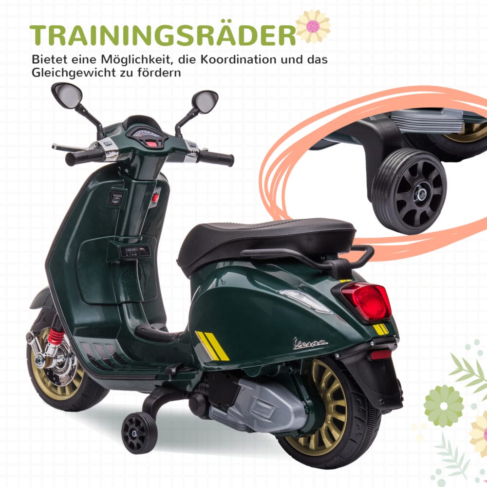 Dunkelgrünes 6V Elektro-Motorrad für Kinder mit 3 km/h Geschwindigkeit, MP3- und USB-Anschluss. Bietet Fahrspass mit musikalischer Unterhaltung.