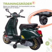 Dunkelgrünes 6V Elektro-Motorrad für Kinder mit 3 km/h Geschwindigkeit, MP3- und USB-Anschluss. Bietet Fahrspass mit musikalischer Unterhaltung.