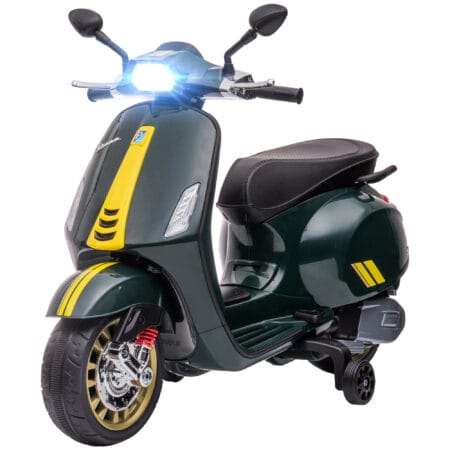Dunkelgrünes 6V Elektro-Motorrad für Kinder mit 3 km/h Geschwindigkeit, MP3- und USB-Anschluss. Bietet Fahrspass mit musikalischer Unterhaltung.