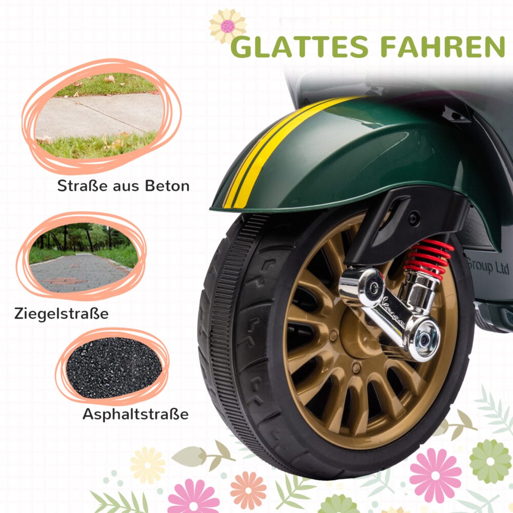 Dunkelgrünes 6V Elektro-Motorrad für Kinder mit 3 km/h Geschwindigkeit, MP3- und USB-Anschluss. Bietet Fahrspass mit musikalischer Unterhaltung.
