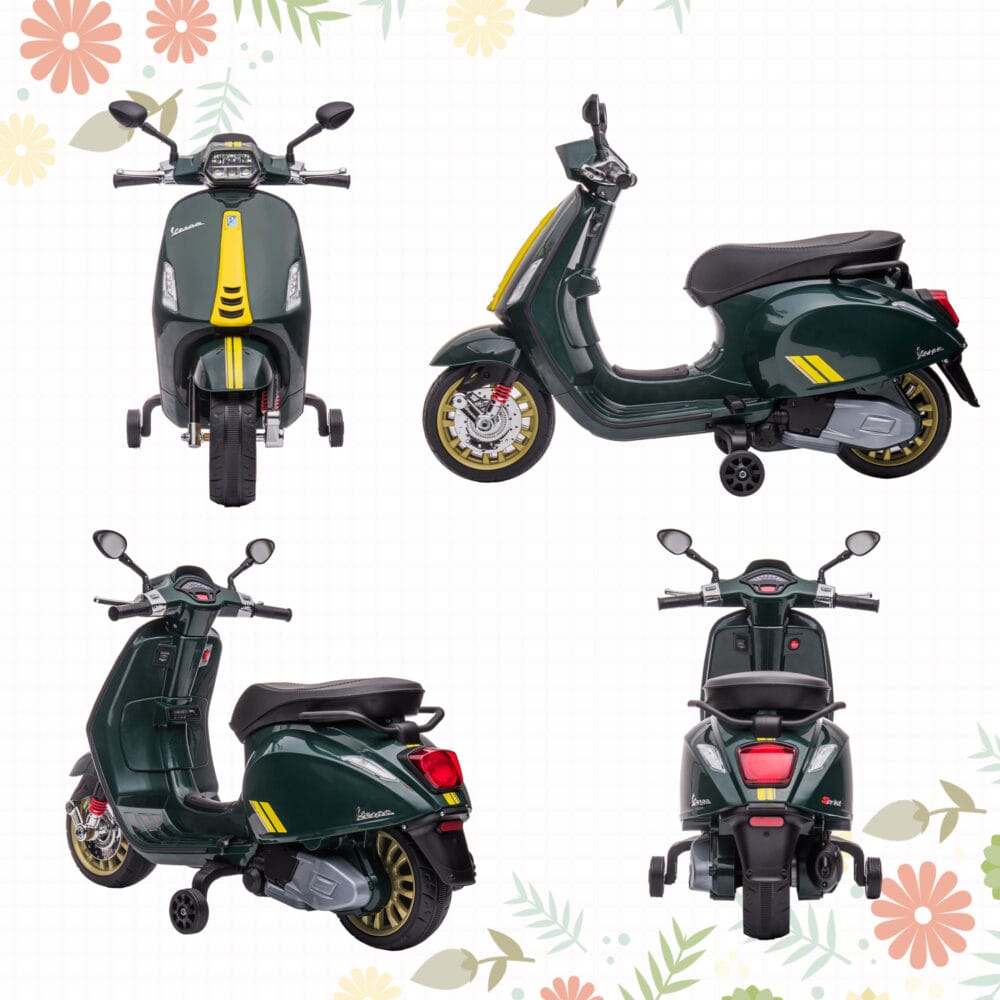Dunkelgrünes 6V Elektro-Motorrad für Kinder mit 3 km/h Geschwindigkeit, MP3- und USB-Anschluss. Bietet Fahrspass mit musikalischer Unterhaltung.