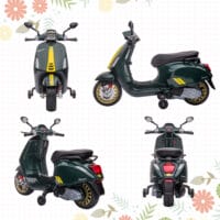 Dunkelgrünes 6V Elektro-Motorrad für Kinder mit 3 km/h Geschwindigkeit, MP3- und USB-Anschluss. Bietet Fahrspass mit musikalischer Unterhaltung.