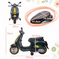 Dunkelgrünes 6V Elektro-Motorrad für Kinder mit 3 km/h Geschwindigkeit, MP3- und USB-Anschluss. Bietet Fahrspass mit musikalischer Unterhaltung.
