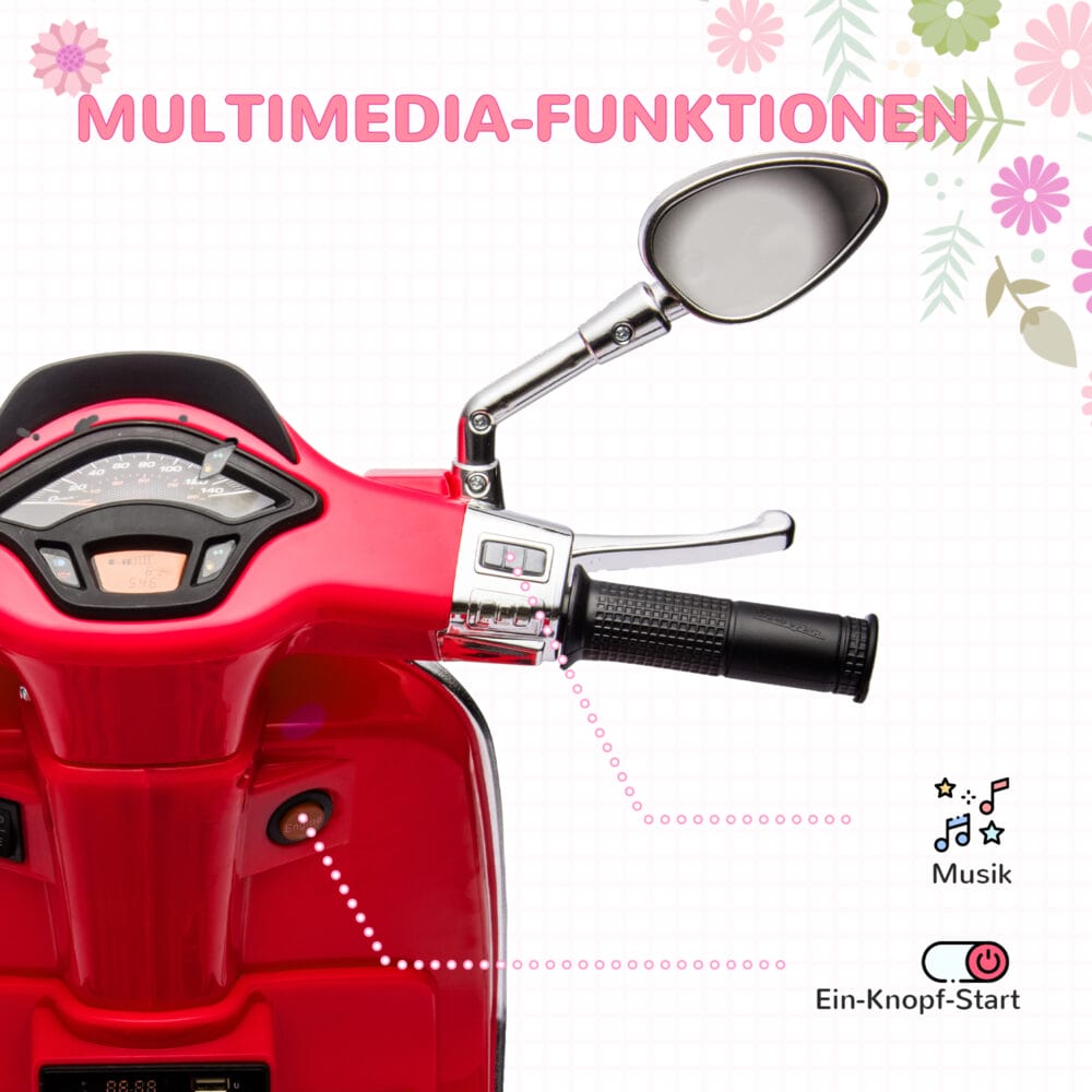 Rotes 6V Elektro-Motorrad für Kinder mit MP3- und USB-Anschluss. Ein aufregendes Kinderfahrzeug für kleine Rennfahrer.