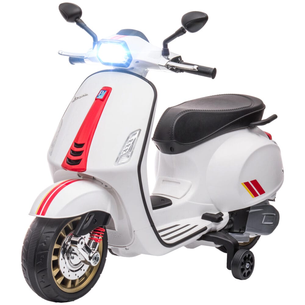 Weisses 6V Elektro-Motorrad für Kinder mit 3 km/h Geschwindigkeit, MP3- und USB-Anschluss. Stylischer Fahrspass für die Kleinen.
