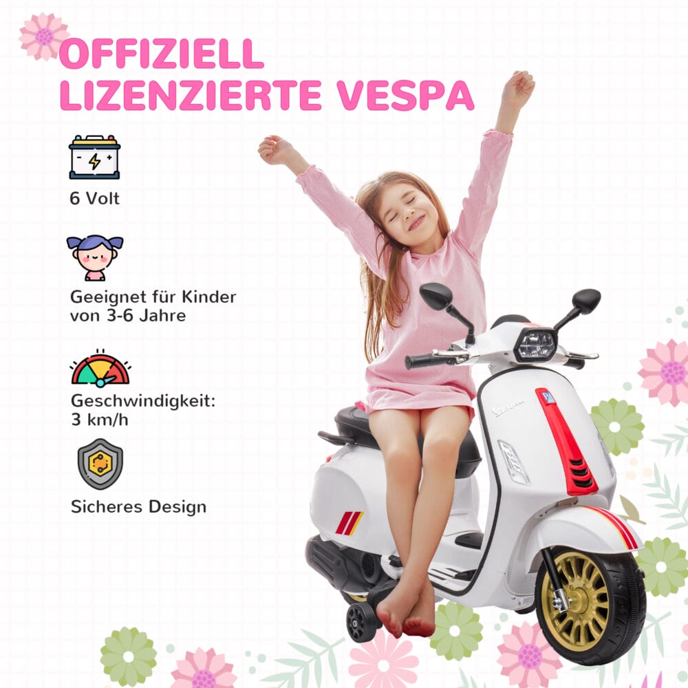 Weisses 6V Elektro-Motorrad für Kinder mit 3 km/h Geschwindigkeit, MP3- und USB-Anschluss. Stylischer Fahrspass für die Kleinen.