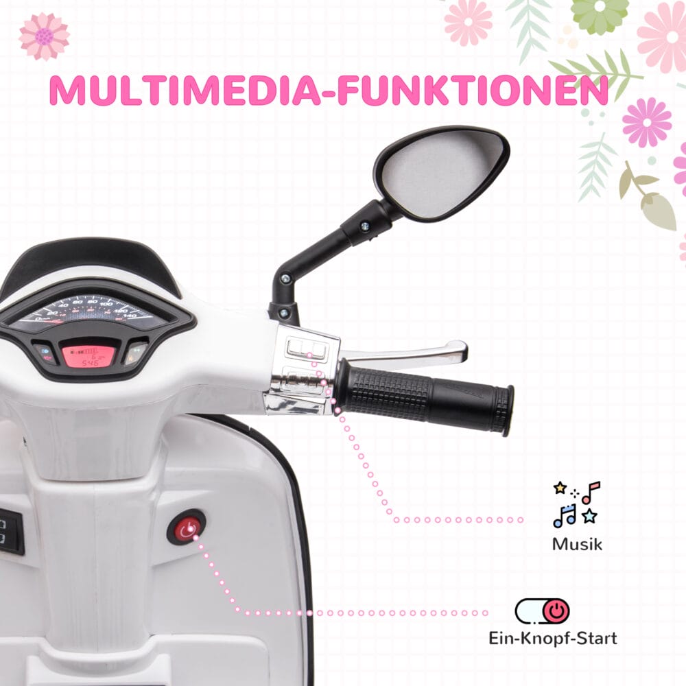Weisses 6V Elektro-Motorrad für Kinder mit 3 km/h Geschwindigkeit, MP3- und USB-Anschluss. Stylischer Fahrspass für die Kleinen.