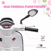 Weisses 6V Elektro-Motorrad für Kinder mit 3 km/h Geschwindigkeit, MP3- und USB-Anschluss. Stylischer Fahrspass für die Kleinen.