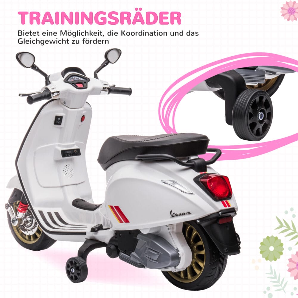 Weisses 6V Elektro-Motorrad für Kinder mit 3 km/h Geschwindigkeit, MP3- und USB-Anschluss. Stylischer Fahrspass für die Kleinen.