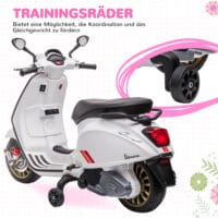 Weisses 6V Elektro-Motorrad für Kinder mit 3 km/h Geschwindigkeit, MP3- und USB-Anschluss. Stylischer Fahrspass für die Kleinen.