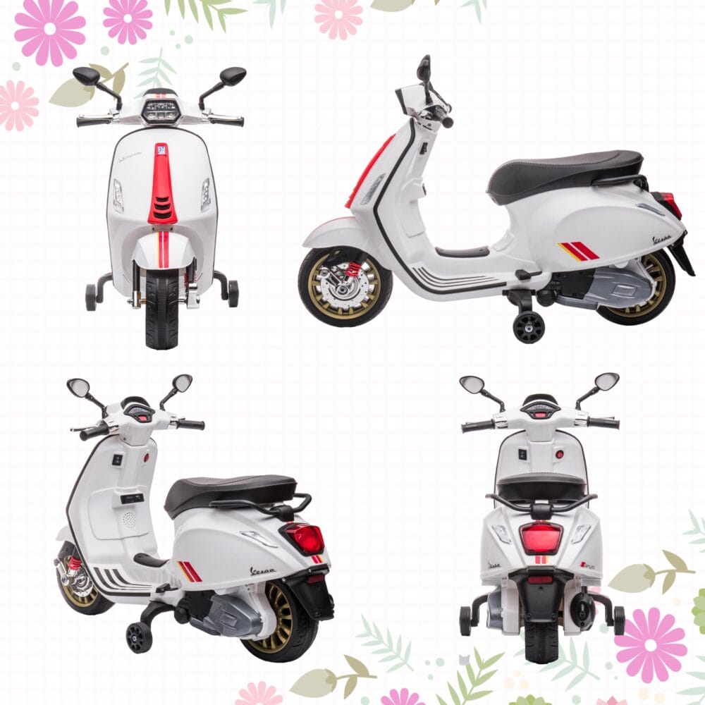 Weisses 6V Elektro-Motorrad für Kinder mit 3 km/h Geschwindigkeit, MP3- und USB-Anschluss. Stylischer Fahrspass für die Kleinen.