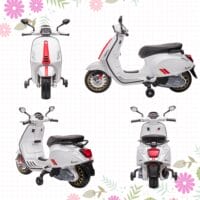 Weisses 6V Elektro-Motorrad für Kinder mit 3 km/h Geschwindigkeit, MP3- und USB-Anschluss. Stylischer Fahrspass für die Kleinen.