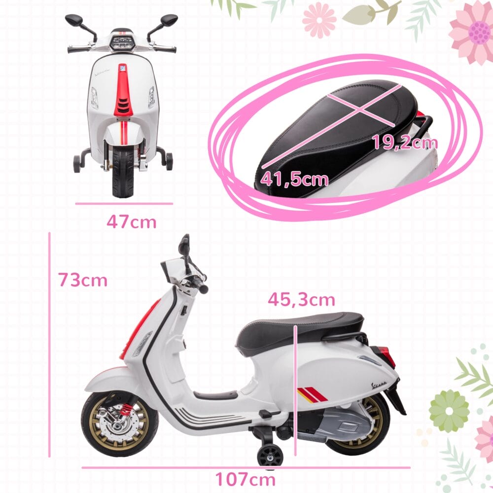 Weisses 6V Elektro-Motorrad für Kinder mit 3 km/h Geschwindigkeit, MP3- und USB-Anschluss. Stylischer Fahrspass für die Kleinen.