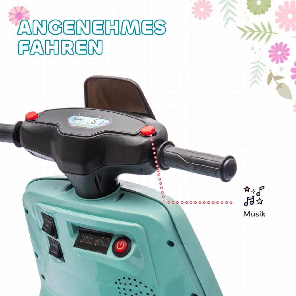 Grünes 6V Elektro-Motorrad für Kinder mit Trainingsrädern, ideal für 1.5-3 Jahre. Hilft kleinen Fahrern, Balance und Vertrauen zu gewinnen.
