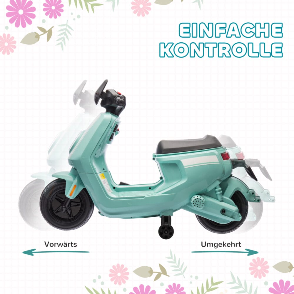 Grünes 6V Elektro-Motorrad für Kinder mit Trainingsrädern, ideal für 1.5-3 Jahre. Hilft kleinen Fahrern, Balance und Vertrauen zu gewinnen.