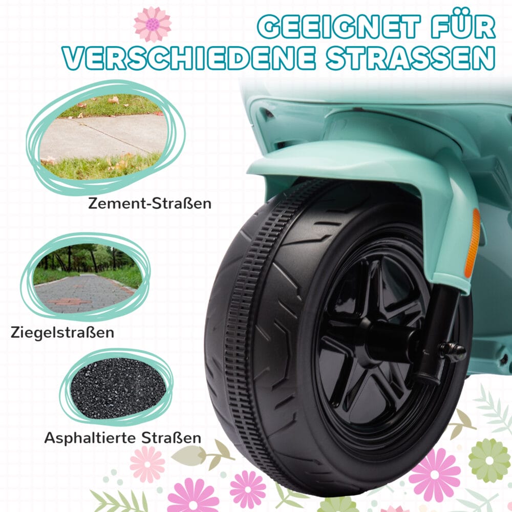 Grünes 6V Elektro-Motorrad für Kinder mit Trainingsrädern, ideal für 1.5-3 Jahre. Hilft kleinen Fahrern, Balance und Vertrauen zu gewinnen.