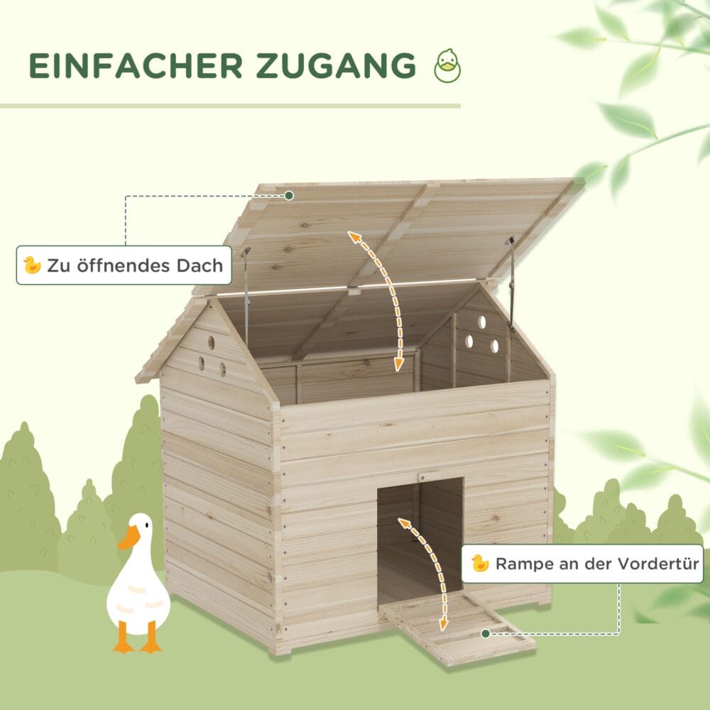 Naturholz-Entenhaus (100x82,5x91cm) mit Kippdach & Rampe für Geflügel.