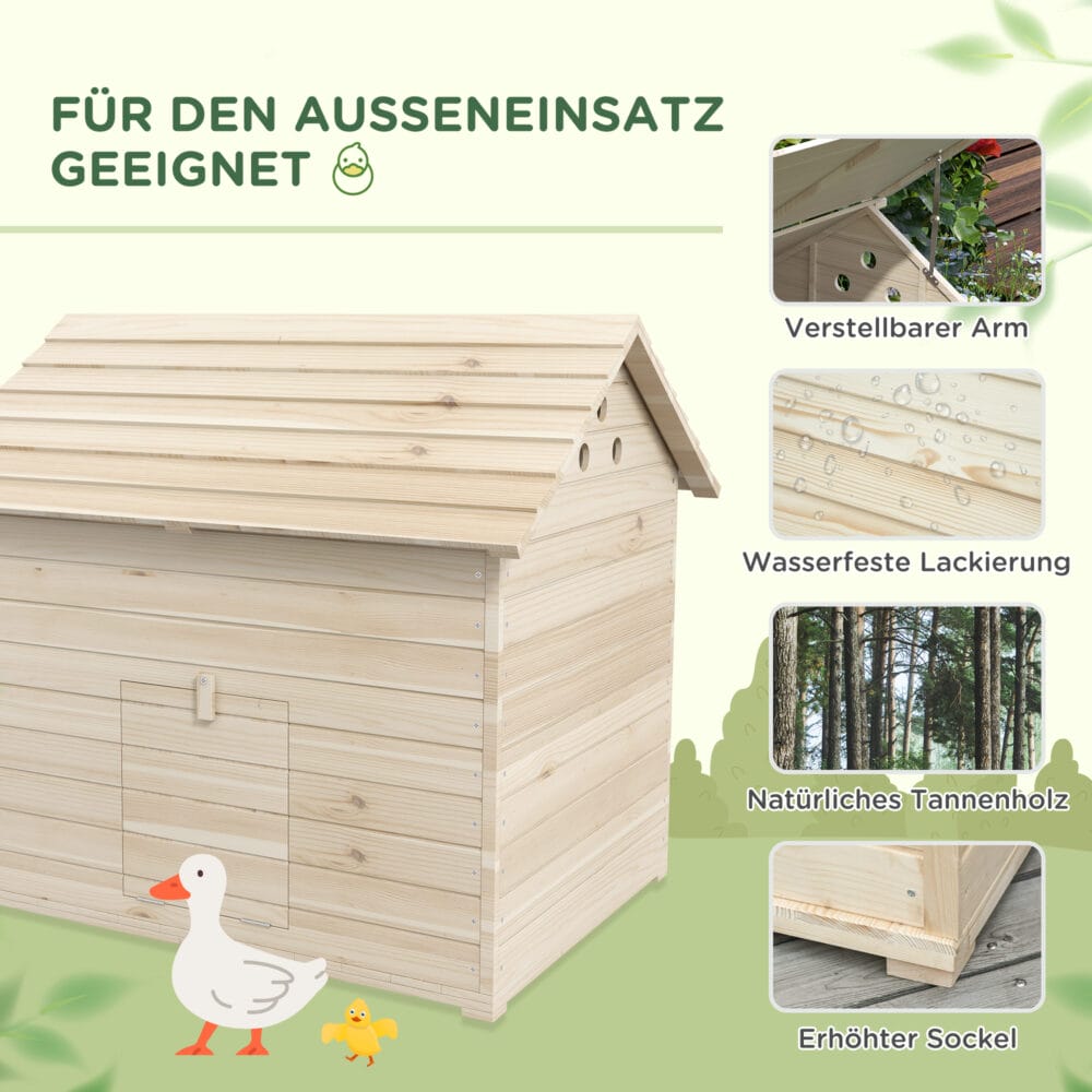 Naturholz-Entenhaus (100x82,5x91cm) mit Kippdach & Rampe für Geflügel.