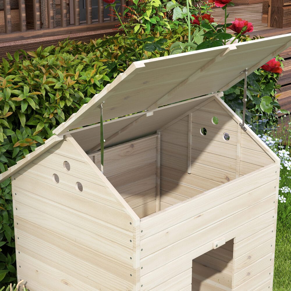 Naturholz-Entenhaus (100x82,5x91cm) mit Kippdach & Rampe für Geflügel.
