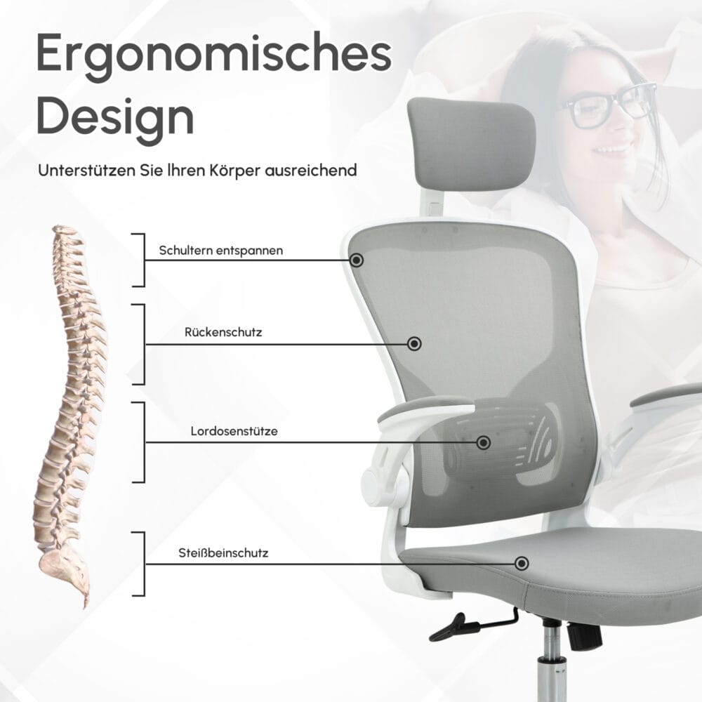 Ergonomischer Bürostuhl mit Kopfstütze Grau – Produktfoto zeigt modernes Design, hochwertige Materialien und funktionale Eigenschaften ideal für Wohn- oder Arbeitsbereiche. Perfekt als Einrichtungsinspiration oder zur Produktpräsentation in einem Onlineshop.