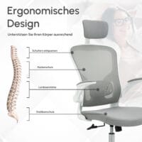 Ergonomischer Bürostuhl mit Kopfstütze Grau – Produktfoto zeigt modernes Design, hochwertige Materialien und funktionale Eigenschaften ideal für Wohn- oder Arbeitsbereiche. Perfekt als Einrichtungsinspiration oder zur Produktpräsentation in einem Onlineshop.