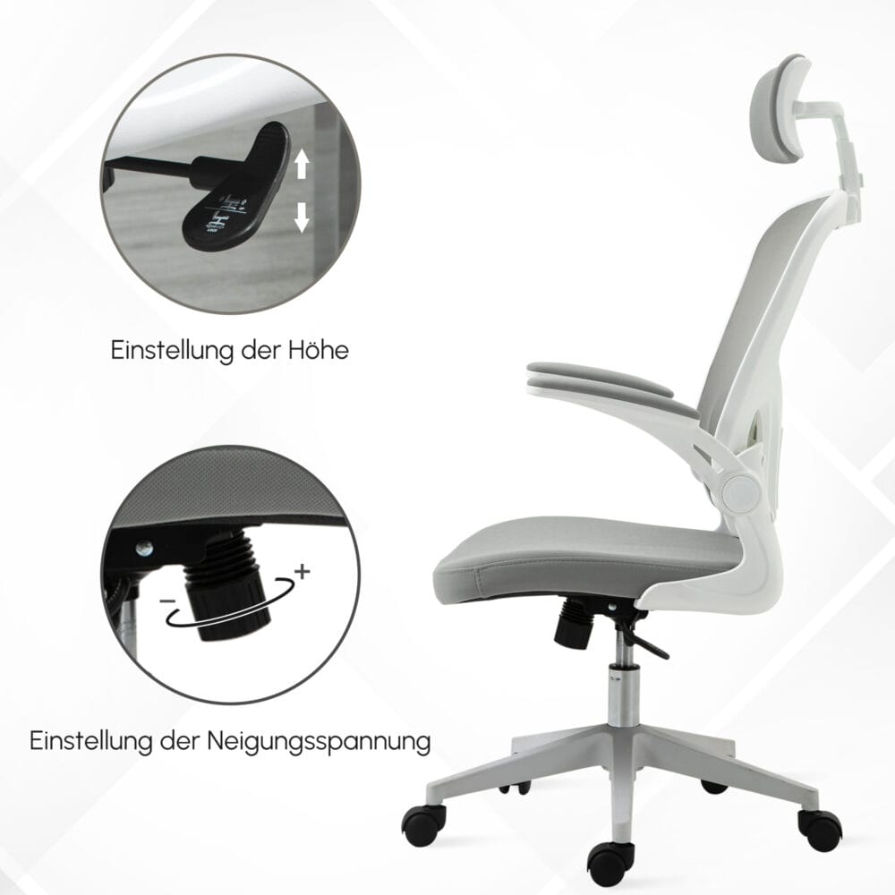 Ergonomischer Bürostuhl mit Kopfstütze Grau – Produktfoto zeigt modernes Design, hochwertige Materialien und funktionale Eigenschaften ideal für Wohn- oder Arbeitsbereiche. Perfekt als Einrichtungsinspiration oder zur Produktpräsentation in einem Onlineshop.