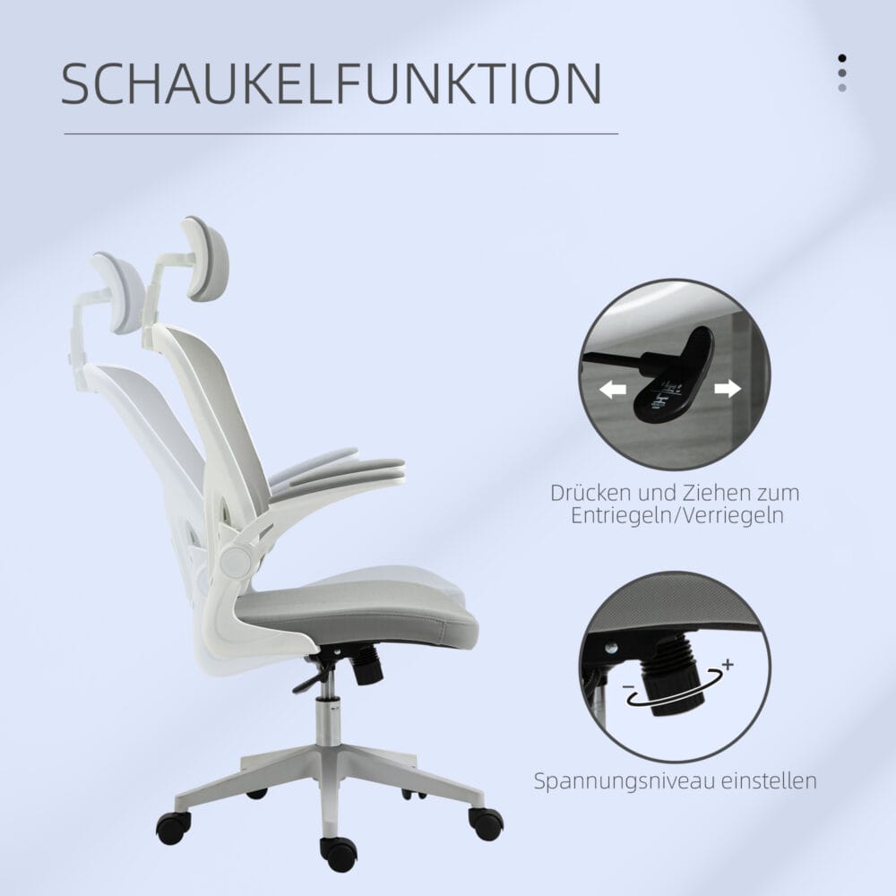 Ergonomischer Bürostuhl mit Kopfstütze Grau – Produktfoto zeigt modernes Design, hochwertige Materialien und funktionale Eigenschaften ideal für Wohn- oder Arbeitsbereiche. Perfekt als Einrichtungsinspiration oder zur Produktpräsentation in einem Onlineshop.