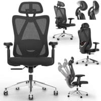 Ergonomischer Bürostuhl mit Lordosenstütze, Kopfstütze und höhenverstellbarer Funktion.
