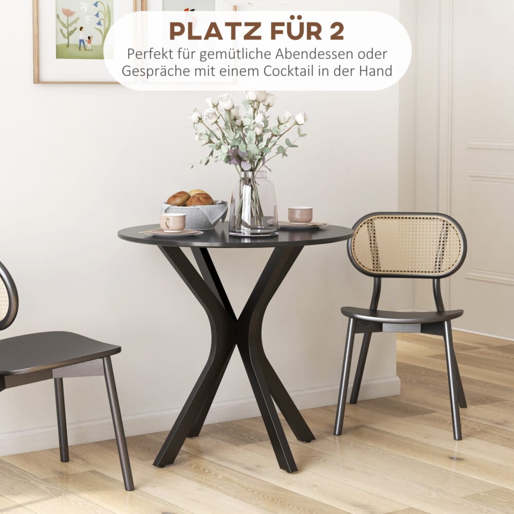 Ein runder schwarzer Esstisch 78x75cm mit Spider-Stahlgestell.
