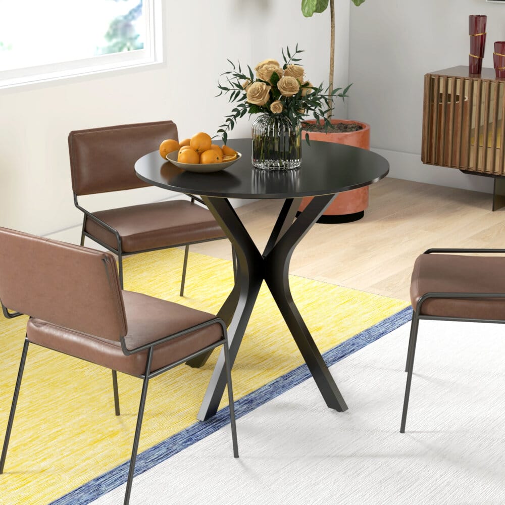 Ein runder schwarzer Esstisch 78x75cm mit Spider-Stahlgestell.