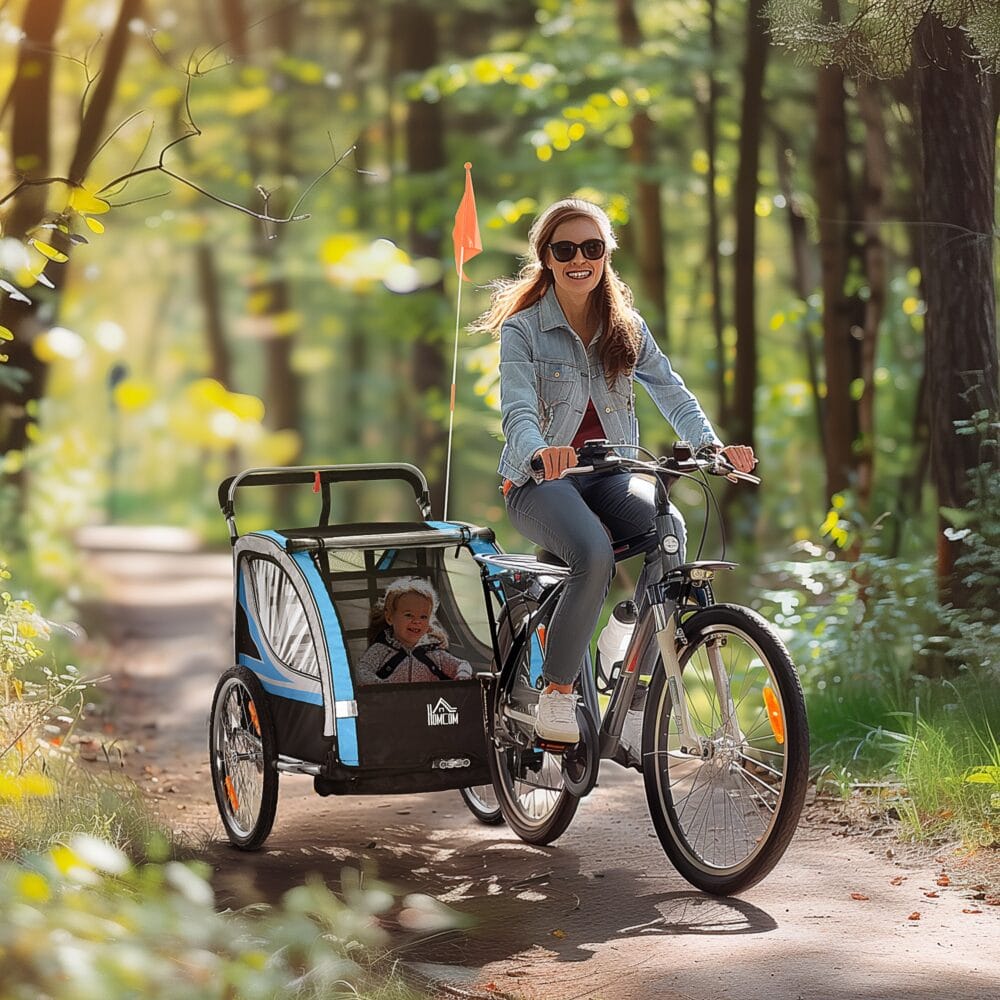 Blau-schwarzer 2-in-1 Fahrradanhänger mit 360° drehbarem Rad, vielseitig als Anhänger oder Jogger einsetzbar.