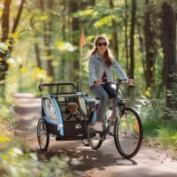 Blau-schwarzer 2-in-1 Fahrradanhänger mit 360° drehbarem Rad, vielseitig als Anhänger oder Jogger einsetzbar.