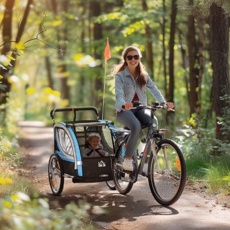 Blau-schwarzer 2-in-1 Fahrradanhänger mit 360° drehbarem Rad, vielseitig als Anhänger oder Jogger einsetzbar.