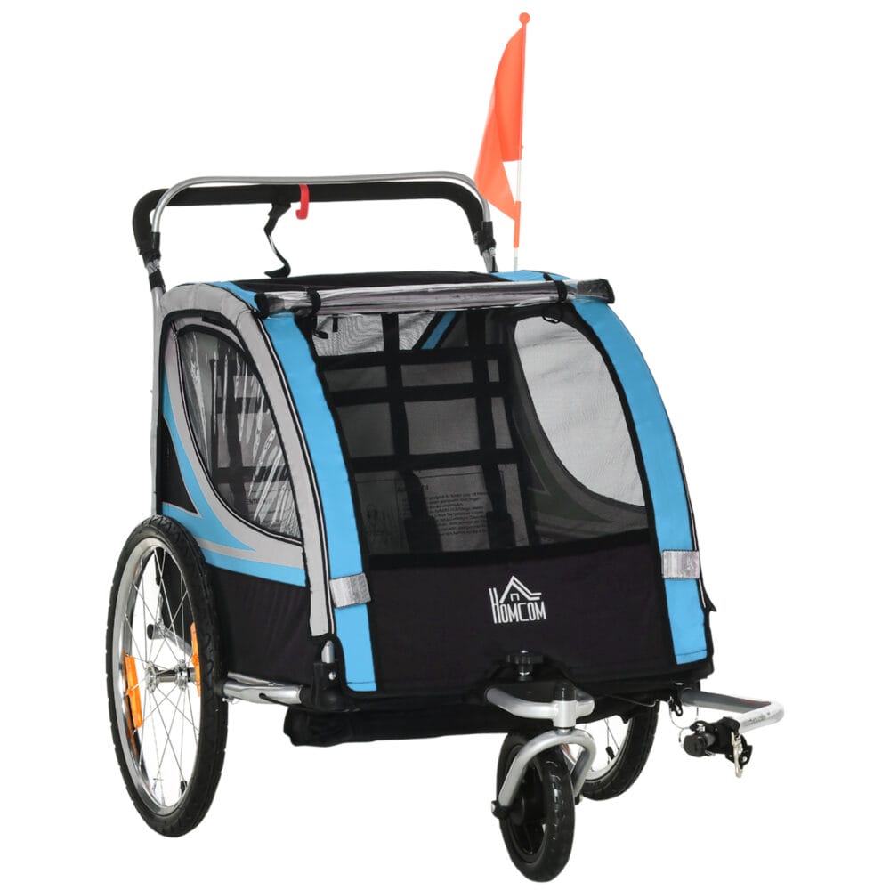 Blau-schwarzer 2-in-1 Fahrradanhänger mit 360° drehbarem Rad, vielseitig als Anhänger oder Jogger einsetzbar.