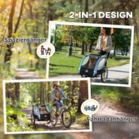 Blau-schwarzer 2-in-1 Fahrradanhänger mit 360° drehbarem Rad, vielseitig als Anhänger oder Jogger einsetzbar.